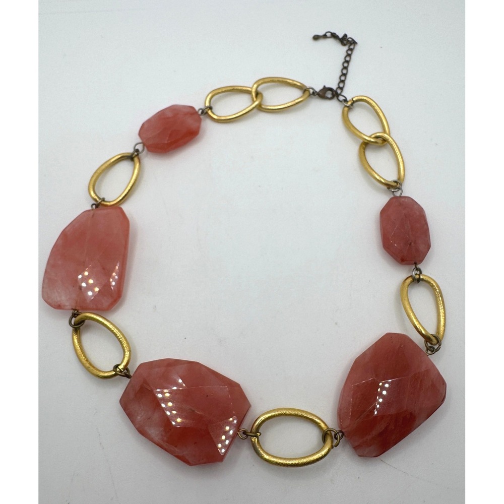 Chunky Salmon Pink Faceted Stone Gold Tone Textured Link Statement Necklace